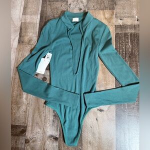 Wilfred Harlequin Ribbed Bodysuit Marine Aqua Aritzia Minimalist XXS NWT